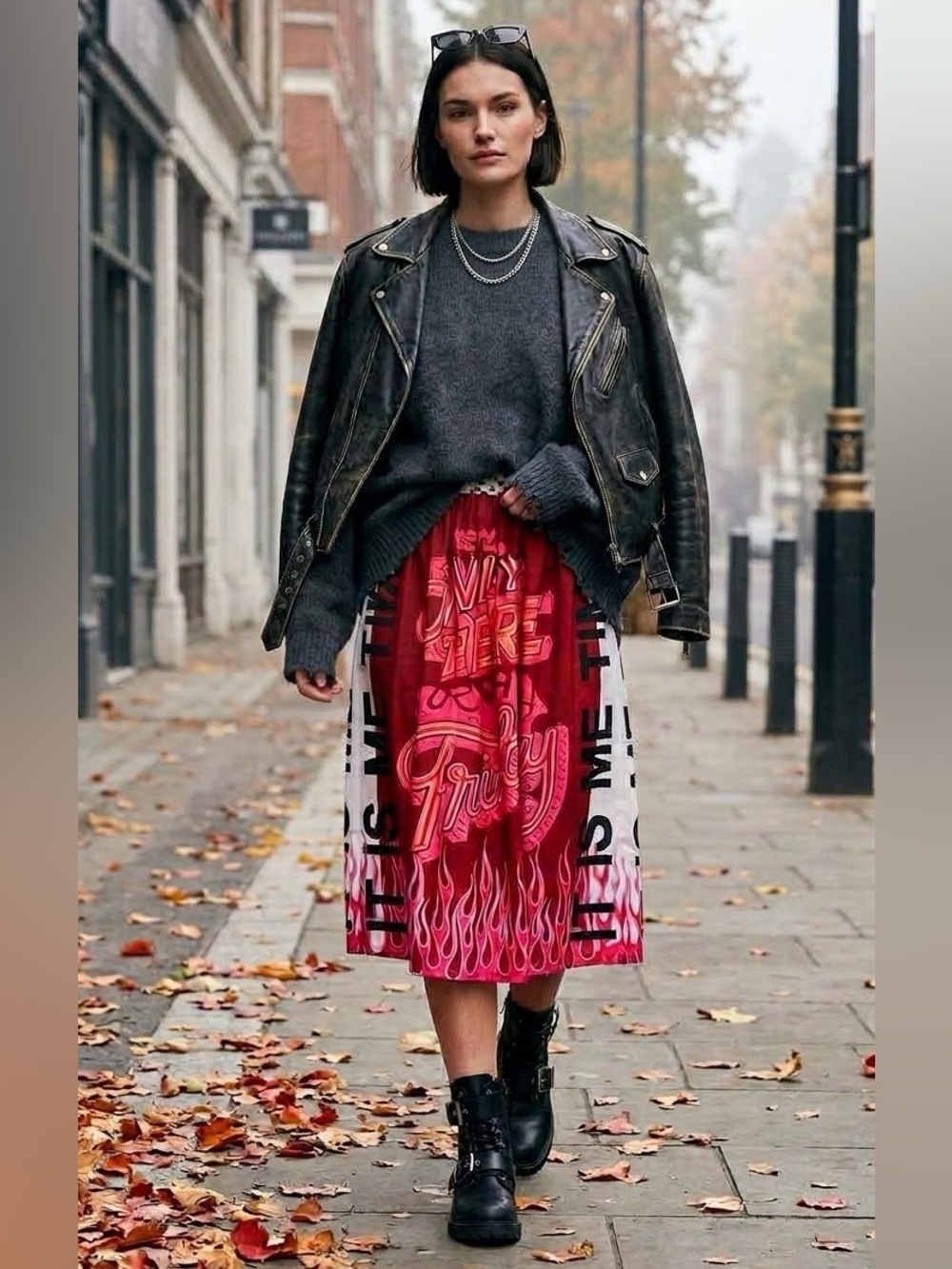 Cult🔥ME369 “It Is Me Time” Printed Midi Skirt Burgundy Flame Graphic Sz. M-L